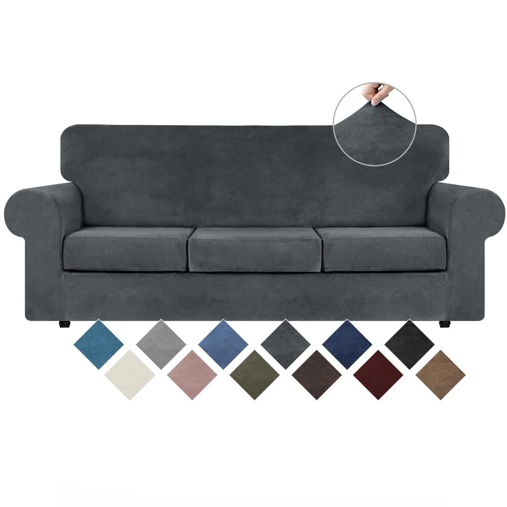 4-Piece Velvet Sofa Cover, Dark Grey